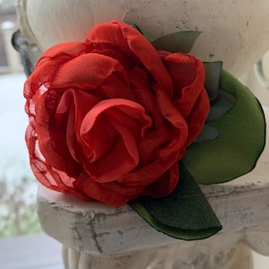 Silk Red flower brooch Elegant Fabric flower pin  Handmade Bridal flower brooch Red & Green rose brooch