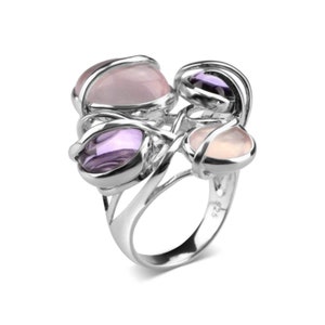 White Gold Plated Sterling Silver 925 Cocktail Ring Amethyst &  Rose Quartz Engagement Ring