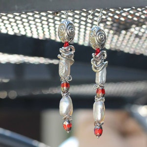 Freshwater Pearl Earrings Long Silver tone Earrings Handmade Abstract White Earrings
