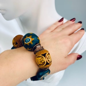 Oversize Aqua Blue & Brown Tribal Bracelet Handmade Wooden beads Ethnic bracelet Abstract Boho bracelet