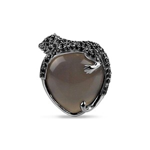 Agate Umbra Tiger Cocktail Ring 925 Sterling silver Large panther ring Black animal ring Rhodium plated jewelry Black panther ring