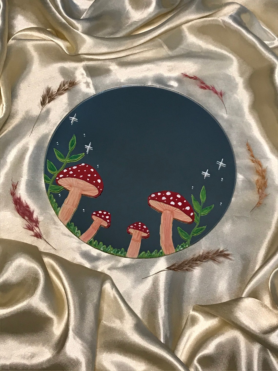 White Red Mushroom Mirror Painted Glass Artwork Mushroom Etsy