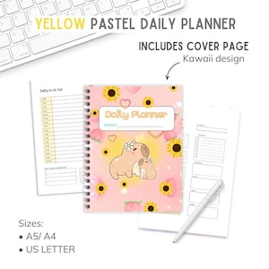 Cute Spring Theme, Orange, Yellow Kawaii Capybara Pastel Coloured Sunflower Printable Daily Weekly Monthly Planner | Instant Download