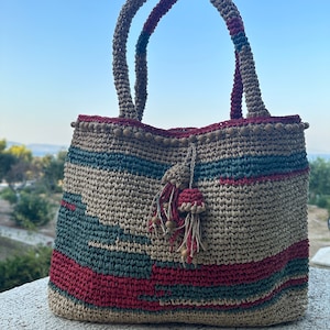 Crochet Knitted Raffia shoulder bag, Beach Bag