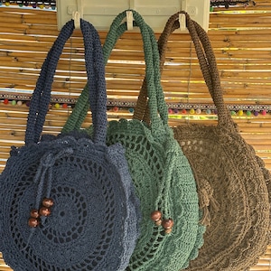 Round Crochet Shoulder Bag, Knitted paper yarn, Sustainable