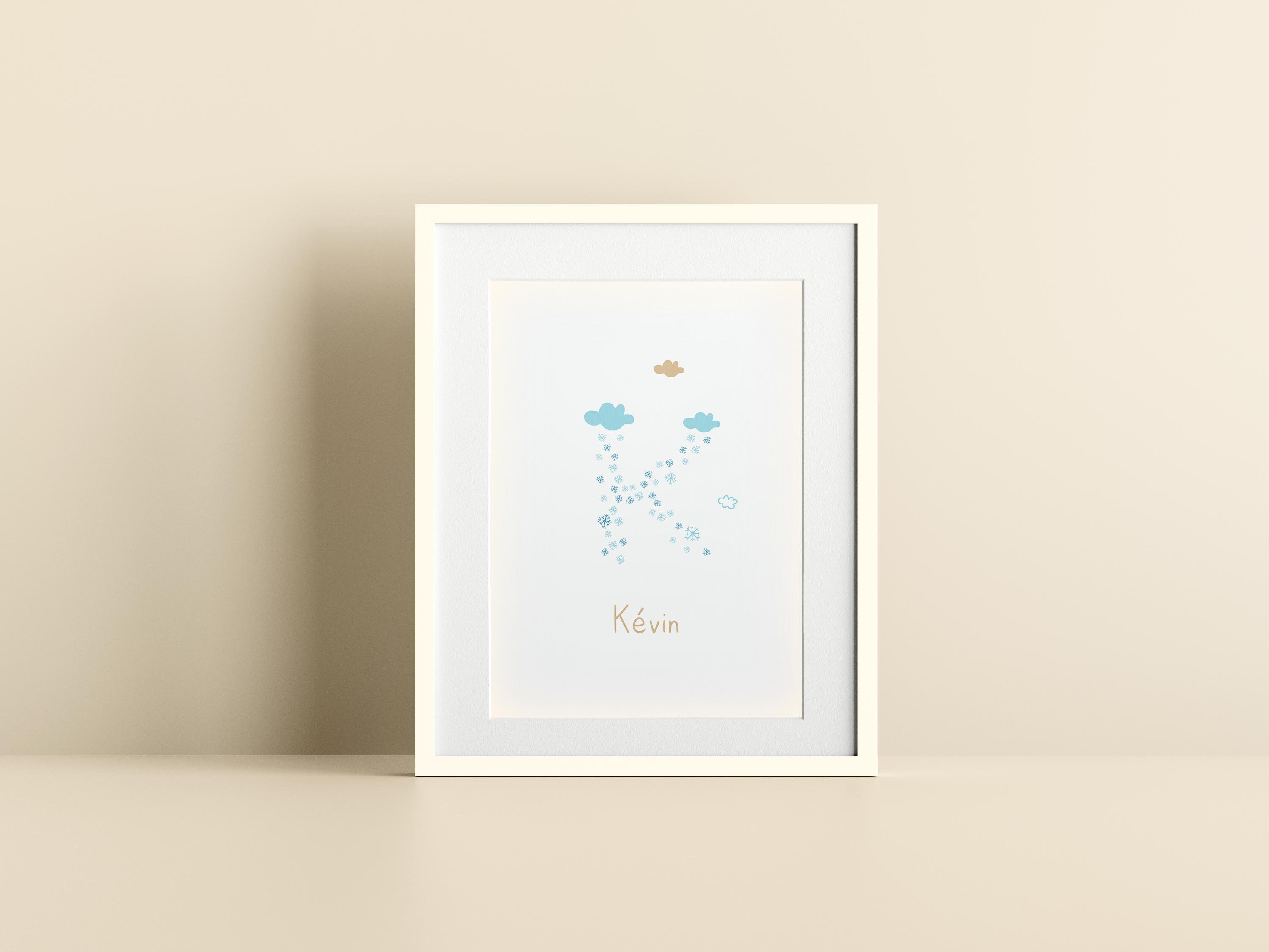 Affiche Personnalisée Alphabet Lettre K | Affiche Naissance Ciel & Air Bébé Enfant I Poster Neige
