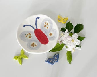 Handmade Illustrated Butterfly Ceramic Dish / Hand-painted objet / Trinket Tray or Small Snack Plate