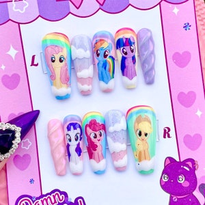 Mein Lil Pony drückt auf die Nägel | Damn Kitty Druck auf Nägel | Fake Nägel | kawaii Nägel | Regenbogennägel | stiletto | lange Nägel |PastelÄsthetik
