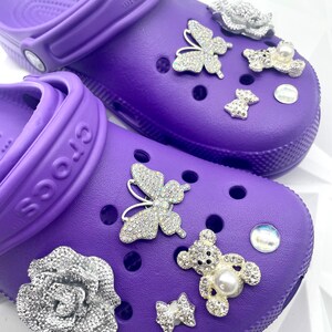 3pcs Purple&White Croc Charms Bling Swan Butterly Handbag Shoe Charm  Decorations Metal Gems Chains Fit Women Croc Girls Gift