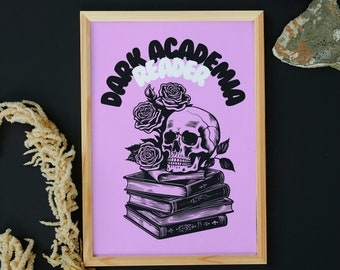 Dark Academia Skull Bookshelf Print: Pink Reader Art (Digital Download)