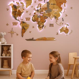 Mapa del mundo de madera estilo vintage: decoración de pared 3D con nombres de países, mapa de viaje rústico con chinchetas para oficina o sala de estar.