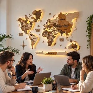 Puede incluir: Un gran mapa del mundo de madera multicapa como arte de pared con retroiluminación LED integrada. El mapa muestra continentes, países y océanos con etiquetas grabadas, montado en una pared sobre una mesa de conferencias de madera.