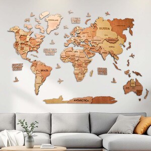 3D-Wandkunst aus Holz mit Weltkarte – Holzkarte in warmen Tönen für Wohnzimmer oder Büro, Reise-Tracker-Dekor, handgefertigtes Pinnwand-Geschenk