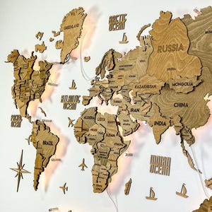 Mapa del mundo de madera con luces LED – Arte mural 3D hecho a mano para sala u oficina, regalo decorativo para él o ella