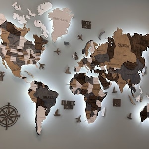 LED World Map Wall Art with Lights | Oversized 3D Wooden Decor | Unique Night Light & Housewarming Gift Idea