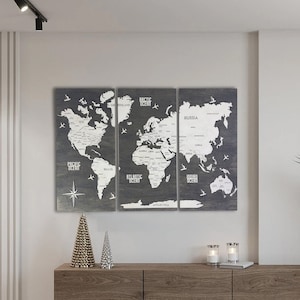 Houten wereldkaart wanddecoratieset, 3-delige reiskaart met drukknopen, rustieke appartementdecoratie, cadeau voor 5-jarig jubileum, cadeau voor 50-jarig jubileum, kleur 1