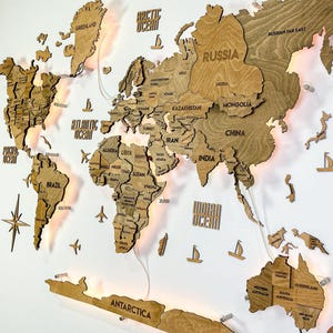 3D Wall Art Map Of The World – Rustic Natural Wood Travel Decor, Push Pin Map For Home Interior, Handmade Wooden Piece For Living Room