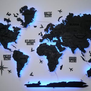 Carte du monde en bois noir avec lumières LED – Décoration murale lumineuse 3D, punaises modernes, cadeau fait main pour les amoureux du voyage