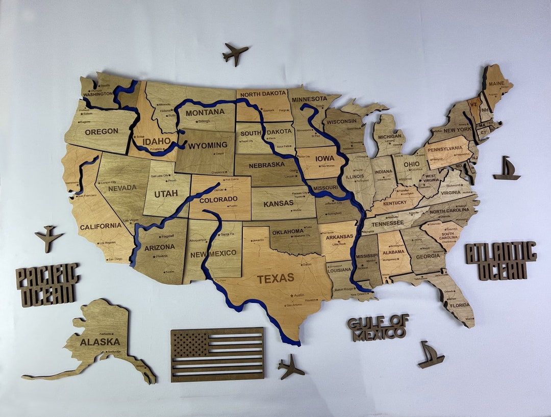 3D USA Map With Rivers and Roads, Color Light Tree, Wooden Travel Map ...
