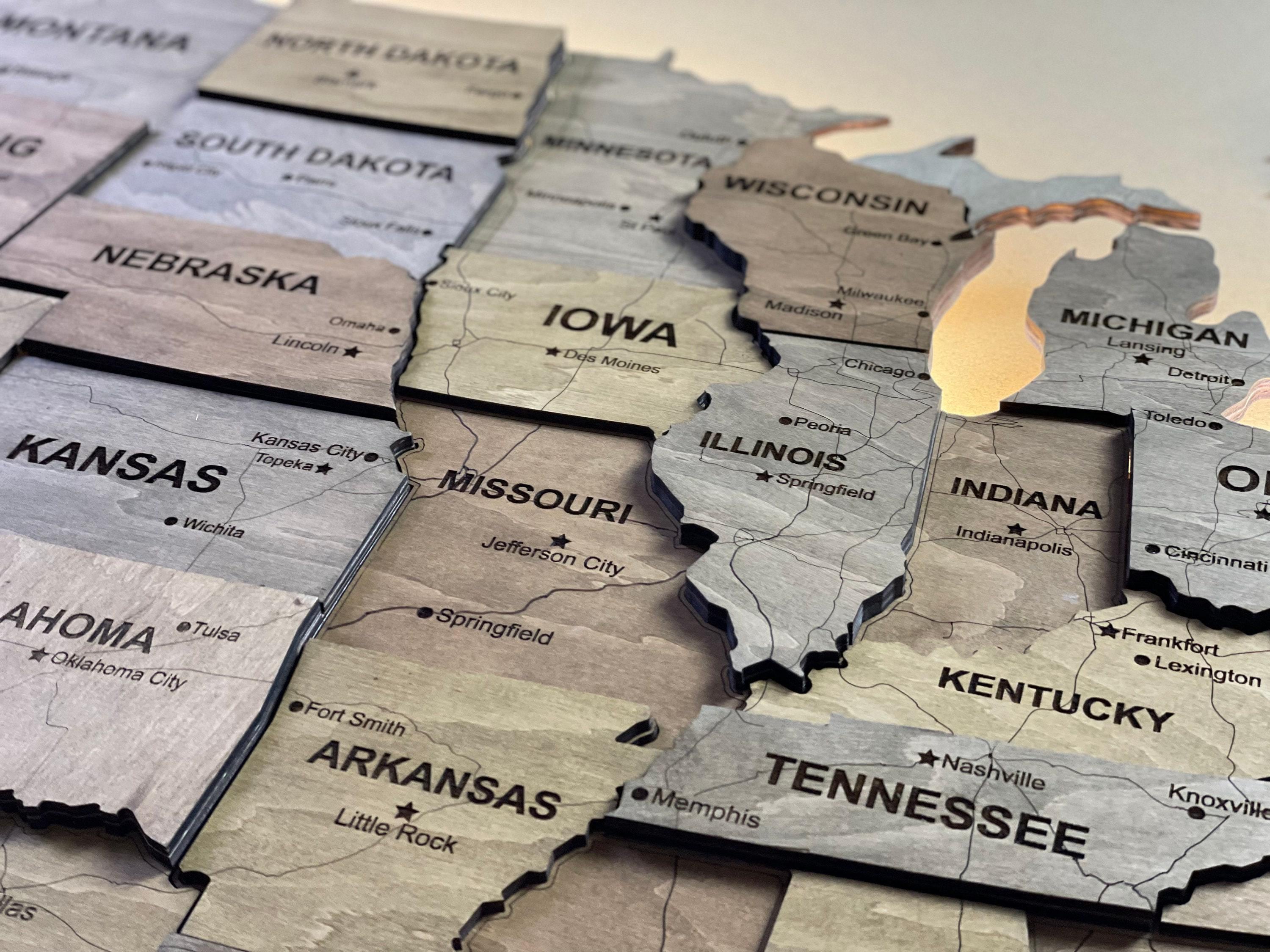 Wooden United States Map With LED, USA Push Pin Travel Map, Map of ...