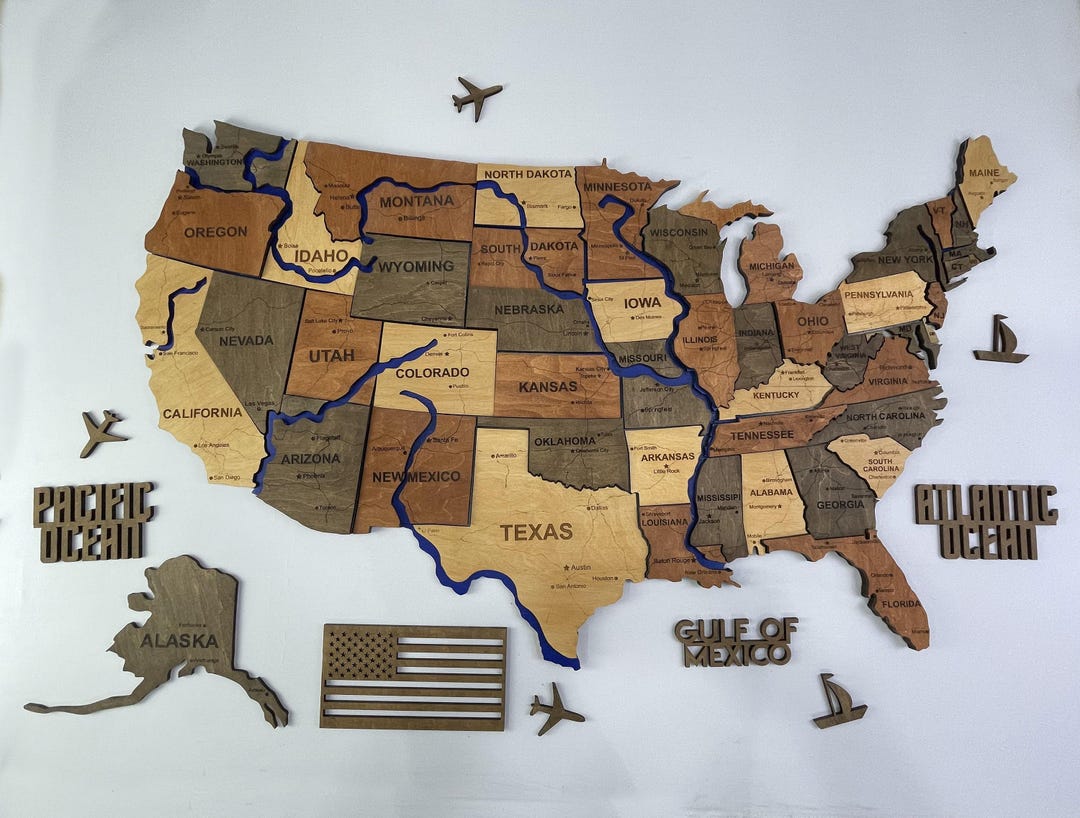 3D Wooden USA Map With Rivers – Rustic United States Wall Art, Wood ...