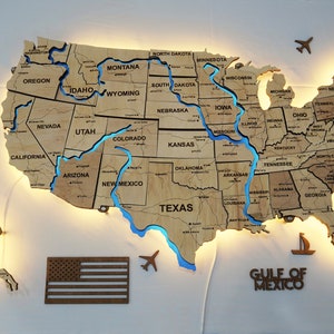 50-Staaten-Karte – große Wandkunst aus Holz, topografische USA-Karte für Bürodekoration, LED-Schnittkarte, perfektes Geschenk für Reisende und Abenteurer