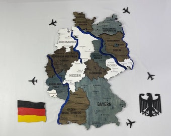 Acrylic Map of Germany with Rivers, Wooden World Map, 3D Wall Decor, Wall Decor, Housewarming Gift, Multilayer Loft Color