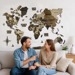 LED-wereldkaart - Travel Lover Gift - Uniek appartement wanddecoratie, verjaardagscadeau voor papa, 3D houten wereldkaart