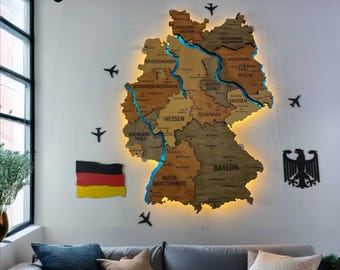 3D Wooden World Map Wall Decor, LED World Travel Map, Pushpin Germany Map, Vintage Germany Art, Rivers Map, Germany Gifts, 3D Wall Decor