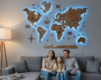 Houten wereldkaart met LED-verlichting - Verlichte wandkaart, 3D houten kaartdecoratie, LED-verlichte wereldkaart voor aan de muur