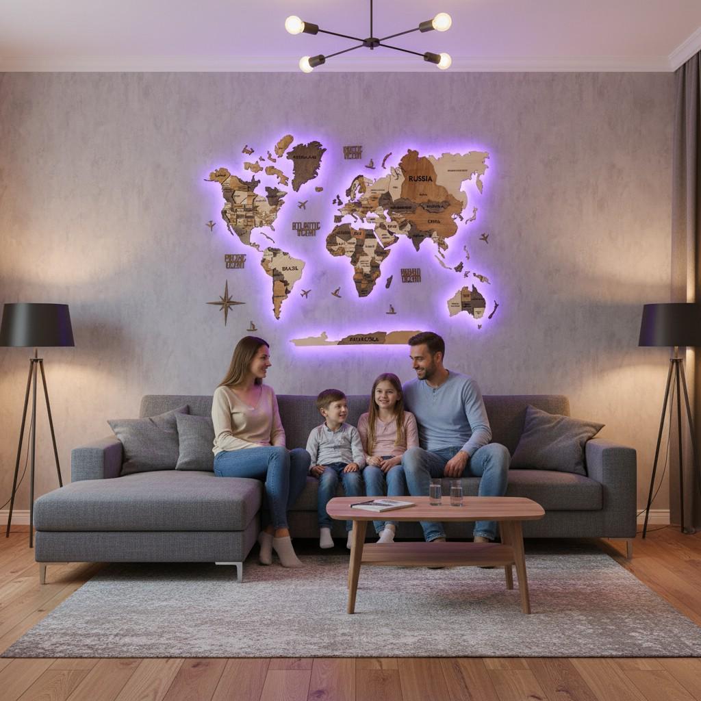Wooden World Map With LED Backlight - 3D Wall Map Decor, Light up ...