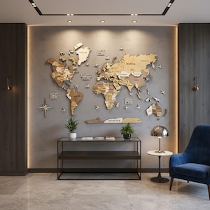 May include: A detailed wooden world map, with country outlines in different wood shades, mounted on a grey wall. The map is the centrepiece of a modern room, with a black metal shelf, plants, and a blue armchair.