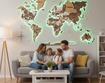 Mapa del mundo de madera con retroiluminación LED