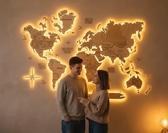 3D houten wereldkaart met ledverlichting - Gezellige wanddecoratie voor thuis