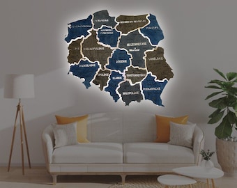Map of Poland on acrylic, Map with illumination between areas "Lodz" color, Wooden map, Wall art decor, Housewarming gift, Large map