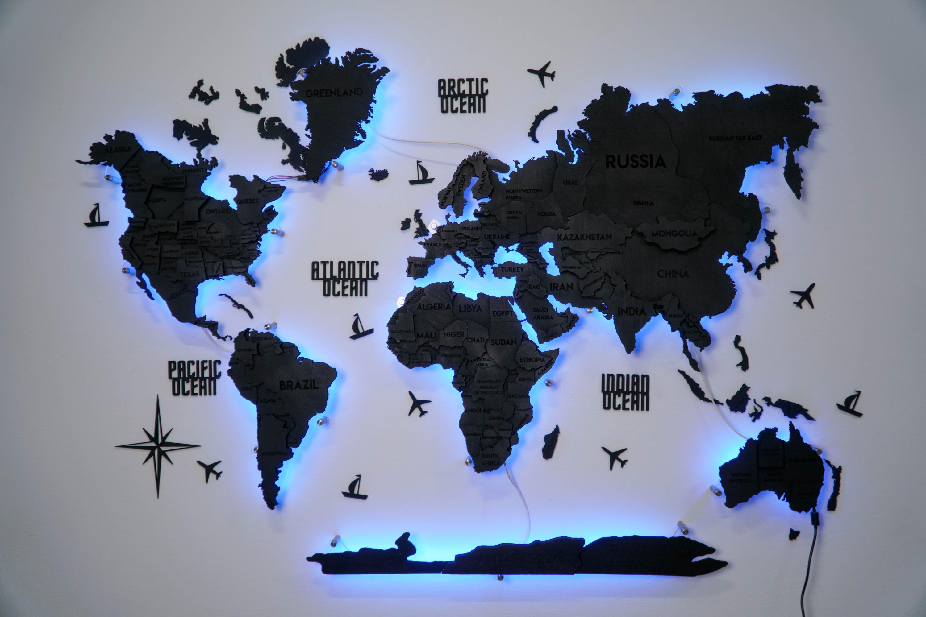 Black Wooden World Map With Blue LED Backlight – 3D Wall Map Art, Light ...