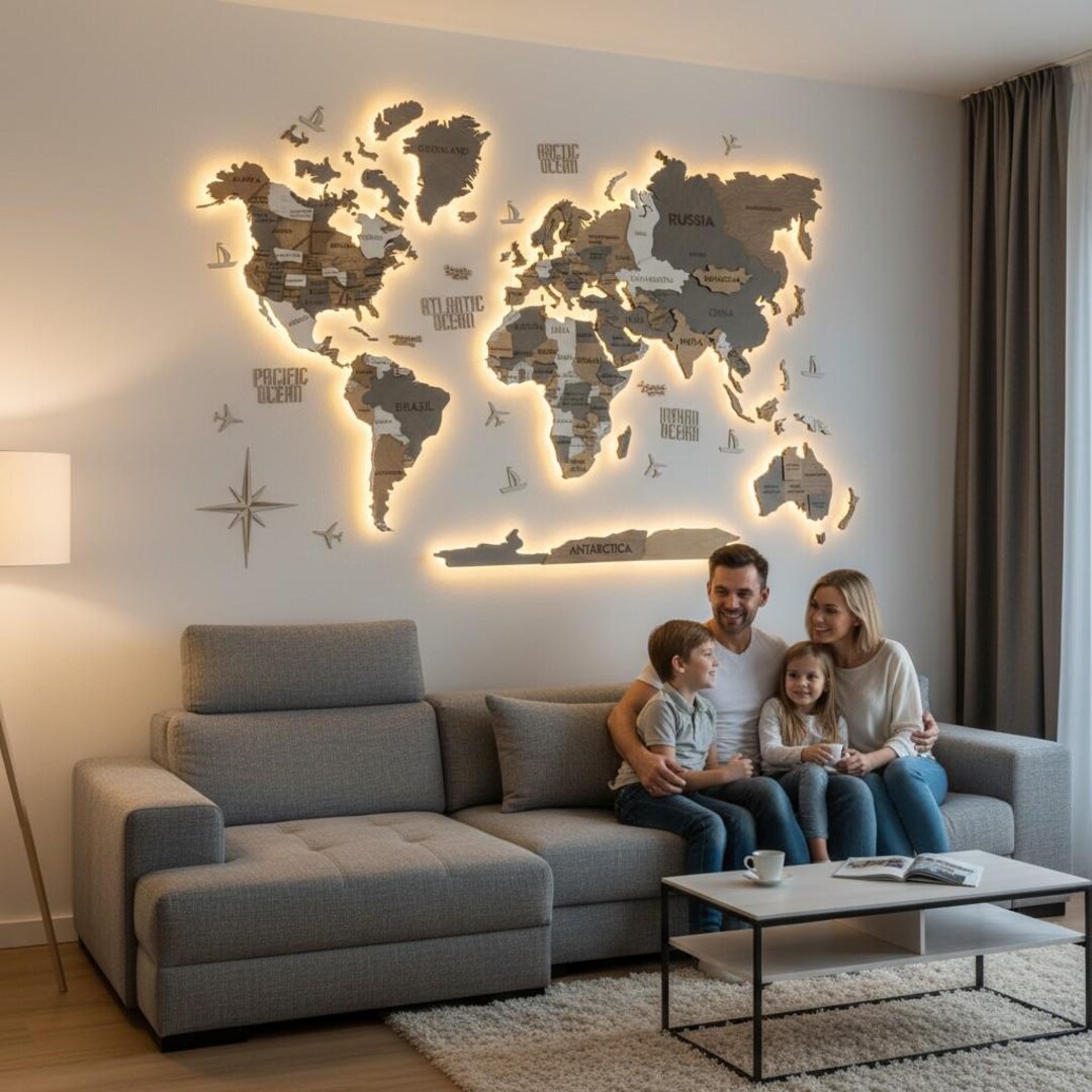 Wooden World Map With LED - 3D Lighted Wall Map for Family Home, Wooden ...