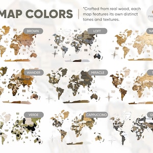 Op de afbeelding: Een overzicht van negen houten wereldkaarten voor aan de muur met de titel MAP COLORS, met verschillende kleurenpaletten genaamd Brown, Loft, Natural, Wander, Miracle, Terra, Verde, Cappuccino en Grunge, inclusief het Factura-logo en tekst.