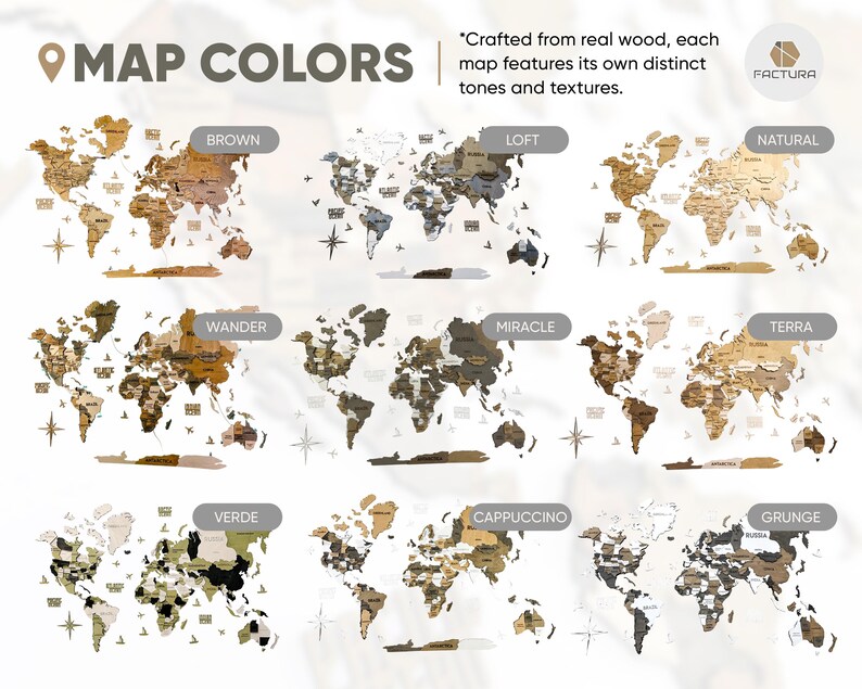 Op de afbeelding: Een overzicht van negen houten wereldkaarten voor aan de muur met de titel MAP COLORS, met verschillende kleurenpaletten genaamd Brown, Loft, Natural, Wander, Miracle, Terra, Verde, Cappuccino en Grunge, inclusief het Factura-logo en tekst.