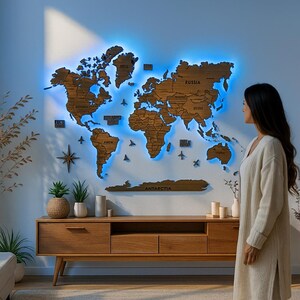 Holz-Weltkarte mit LED – Handgemachte 3D-Wandkunst fürs Wohnzimmer & Büro, großes Deko-Geschenk für Sie oder Ihn
