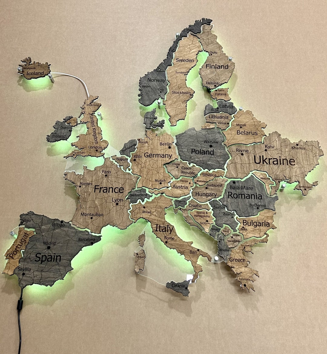 Wooden Map of Europe With Roads and LED Backlighting, Stylish 3D Wall ...