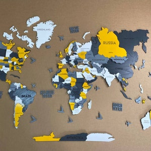 Arte de pared de mapa mundial de madera urbana multicapa: mapa de viaje para decoración del hogar, regalo perfecto para el quinto aniversario o inauguración de la casa, rompecabezas de mapas mundiales