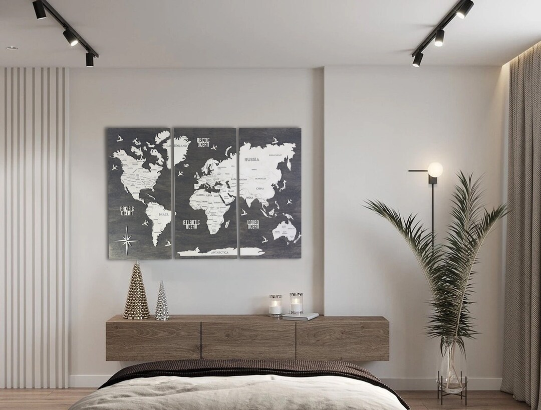 Wood World Map Wall Art Set, 3 Piece Push Pin Travel Map, Rustic ...