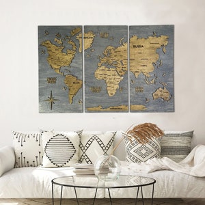 Mapa mundial de madera en 3D, mapa de viaje de madera, arte de pared grande, planificador de viajes con alfileres, póster de mapa para la oficina o el hogar, regalo para viajeros y jefes