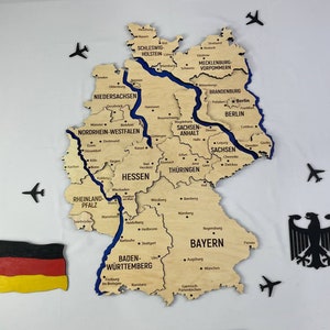 Mappa acrilica della Germania con fiumi, decorazione da parete 3D, mappa del mondo in legno multistrato, colore naturale, regalo di inaugurazione della casa