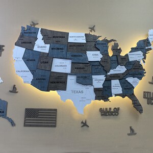 Mappa LED USA in legno, mappa da viaggio con puntine in legno, moderna decorazione da parete per la scuola, regalo per viaggiatori, mappa multistrato degli Stati Uniti