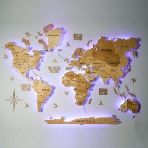 Mapa świata 3D LED ze światłami | Duży mural podróżniczy | Drewniana lampka nocna i prezent na parapetówkę do domu