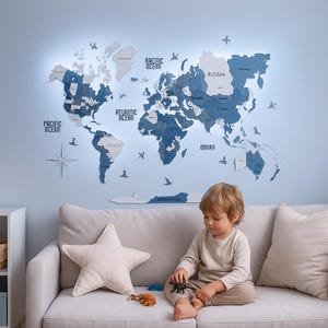 Mapa del mundo de madera con LED: arte mural 3D, mapa educativo de madera azul, decoración geográfica hecha a mano, mapa de viaje con chinchetas, habitación infantil.