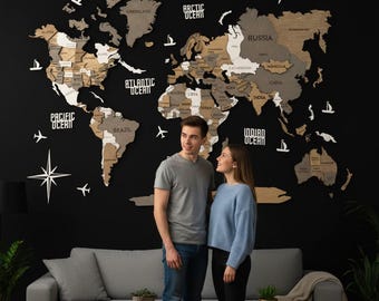 Mapa del mundo de madera con LED - Mapa de pared iluminado en 3D para el hogar