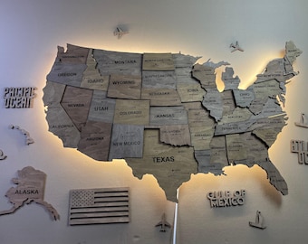 LED付き木製アメリカ地図、アメリカ押しピン旅行地図、アメリカ地図ウォールアート、家族旅行地図、LED世界地図ギフト、3Dマップ